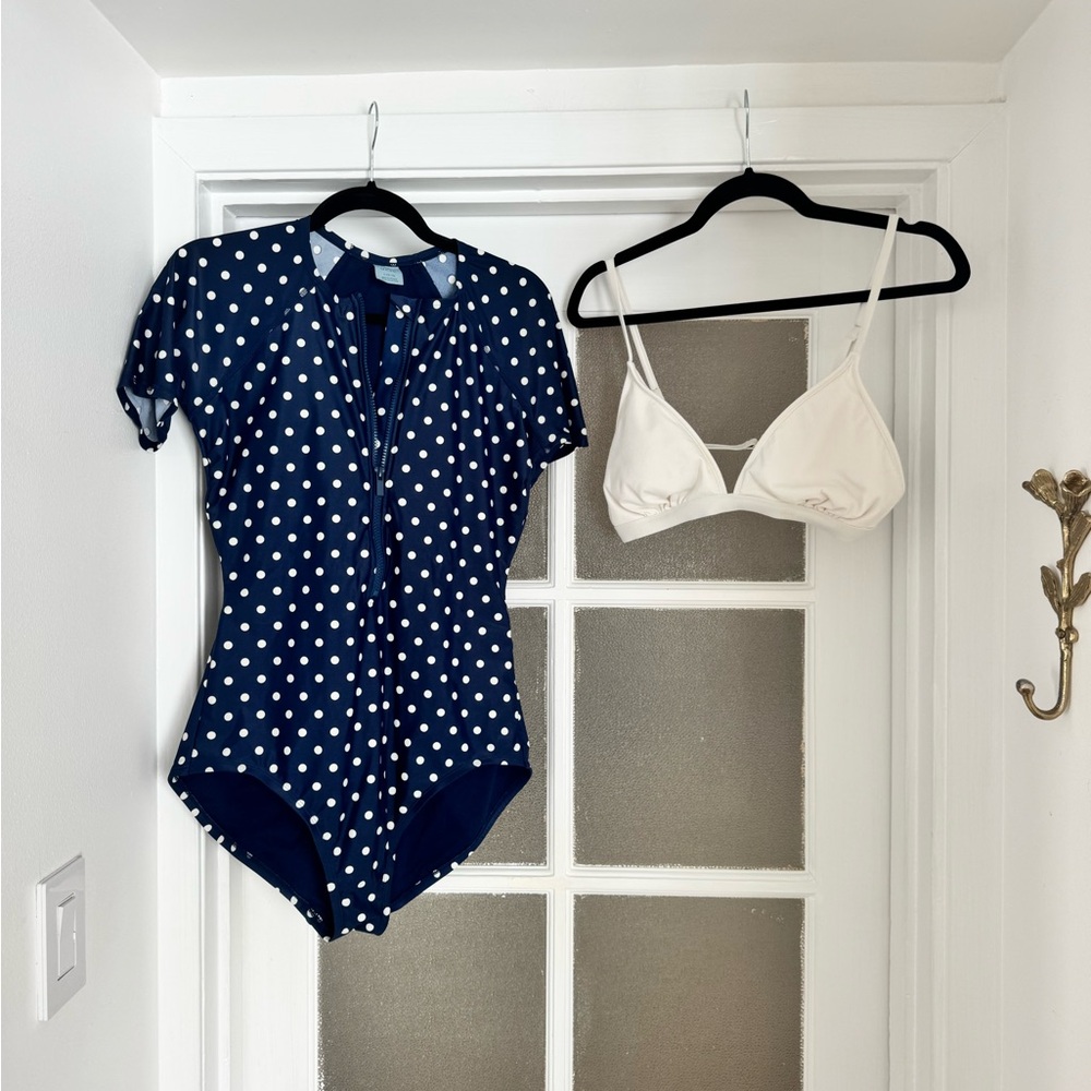 Shade & Shore Navy and White Polka Dot Zip-Front One-Piece with bikini top